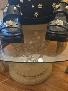 Crocs Black Embellished Garden Clog Sandals with White Flower Charms